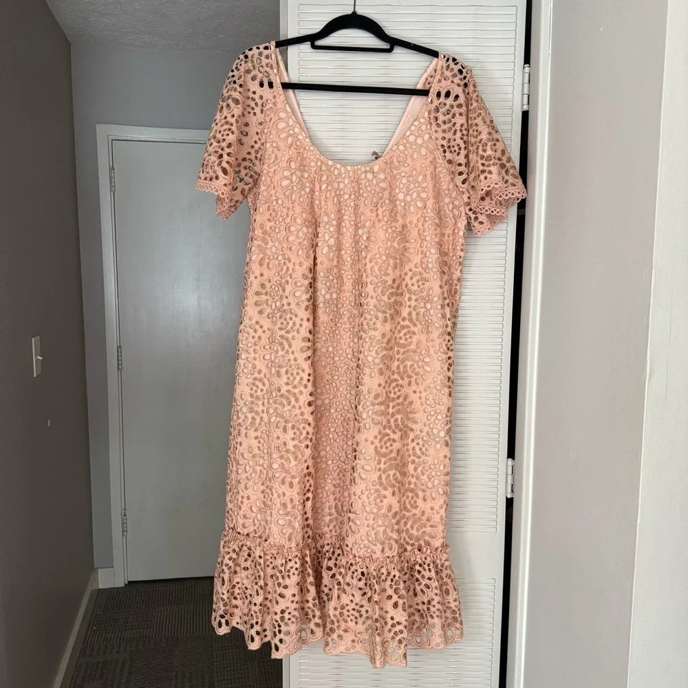 DX Collection Elegant Pink Peach Lace Dress Gold and Ruffle Detail - Picture 1 of 7